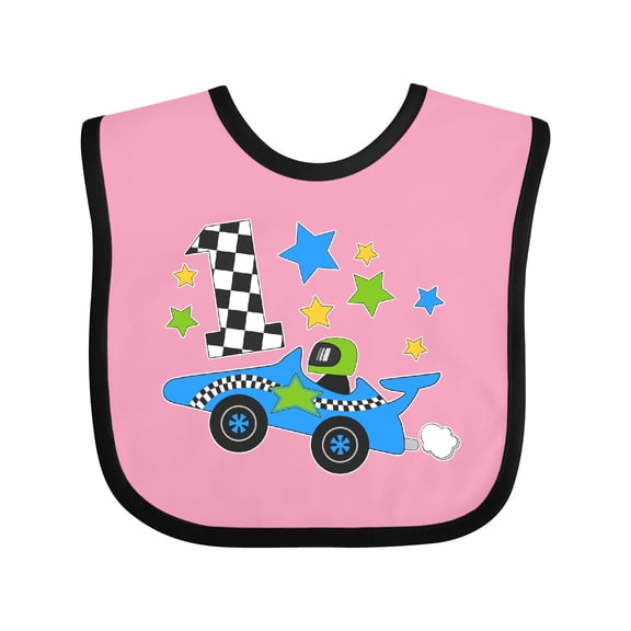 Inktastic Happy 1st Birthday Blue Racing Car Boys or Girls Baby Bib