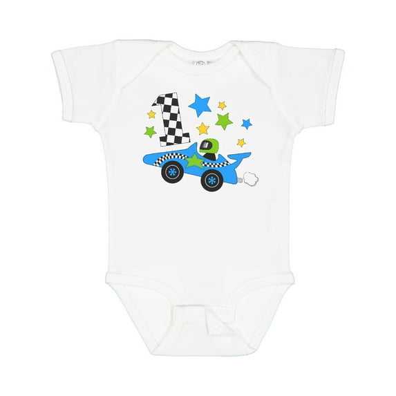 Inktastic Happy 1st Birthday Blue Racing Car Boys or Girls Baby Bodysuit