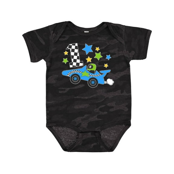 Inktastic Happy 1st Birthday Blue Racing Car Boys or Girls Baby Bodysuit