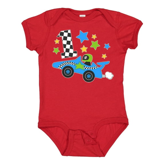 Inktastic Happy 1st Birthday Blue Racing Car Boys or Girls Baby Bodysuit