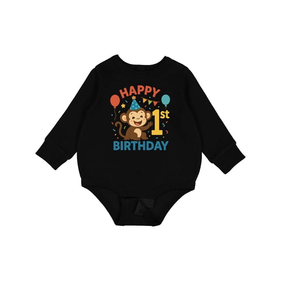 Inktastic Happy 1st Birthday Monkey Party Theme Baby Fleece Bodysuit