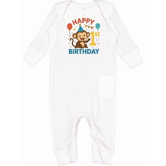 Inktastic Happy 1st Birthday Monkey Party Theme Baby Romper Coveralls