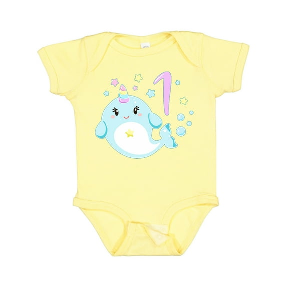 Inktastic Happy 1st Birthday with Cute Narwhal Stars and Bubbles Boys or Girls Baby Bodysuit