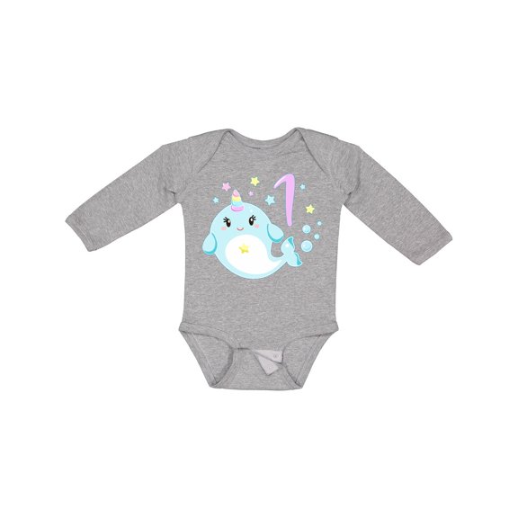 Inktastic Happy 1st Birthday with Cute Narwhal Stars and Bubbles Boys or Girls Long Sleeve Baby Bodysuit
