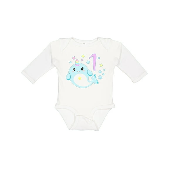Inktastic Happy 1st Birthday with Cute Narwhal Stars and Bubbles Boys or Girls Long Sleeve Baby Bodysuit
