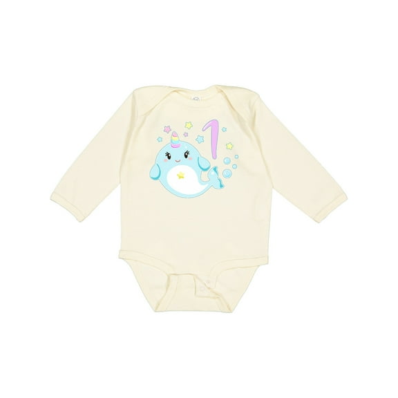 Inktastic Happy 1st Birthday with Cute Narwhal Stars and Bubbles Boys or Girls Long Sleeve Baby Bodysuit