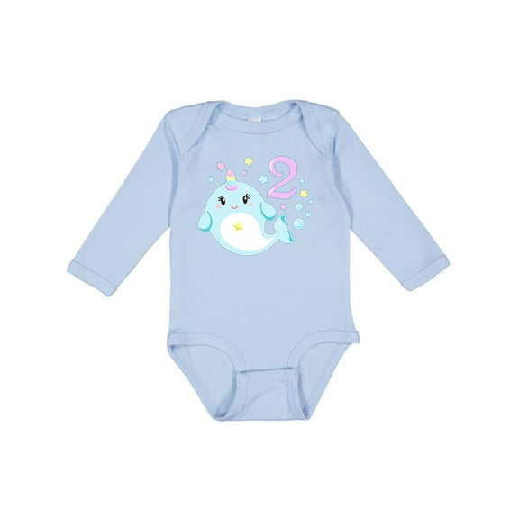 Inktastic Happy 2nd Birthday with Cute Narwhal Stars and Bubbles Boys or Girls Long Sleeve Baby Bodysuit