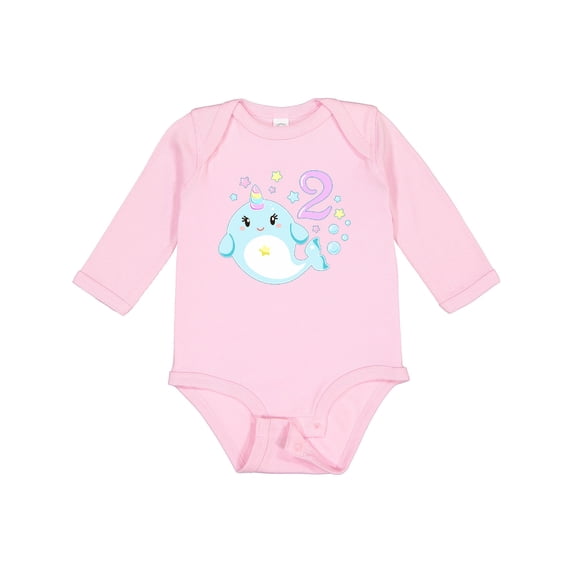 Inktastic Happy 2nd Birthday with Cute Narwhal Stars and Bubbles Boys or Girls Long Sleeve Baby Bodysuit