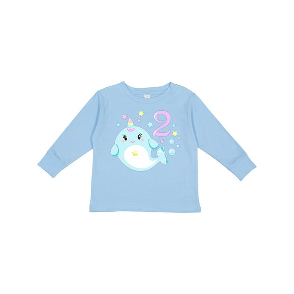 Inktastic Happy 2nd Birthday with Cute Narwhal Stars and Bubbles Boys or Girls Long Sleeve Toddler T-Shirt