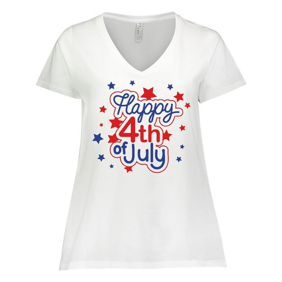 Inktastic Happy 4th of July in Red and Blue with Stars Women's Plus Size V-Neck T-Shirt