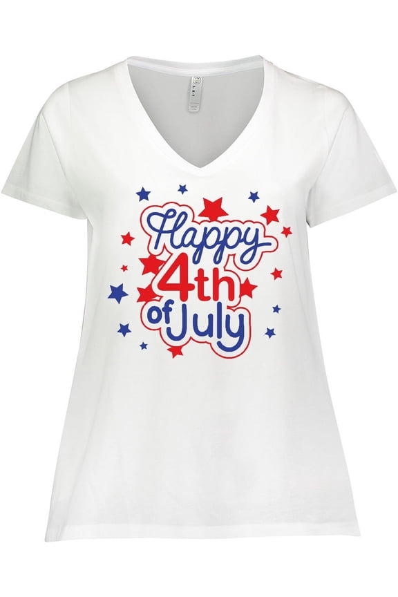 Happy 4th of July in Red and Blue with Stars Women's Plus Size V-Neck T-Shirt