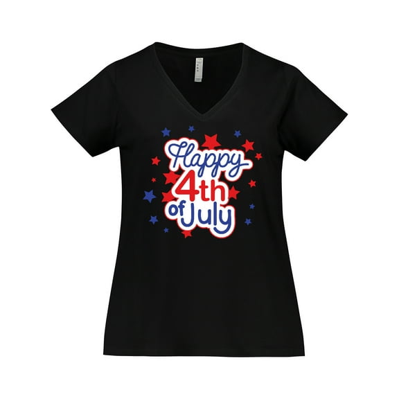 Inktastic Happy 4th of July in Red and Blue with Stars Women's Plus Size V-Neck T-Shirt