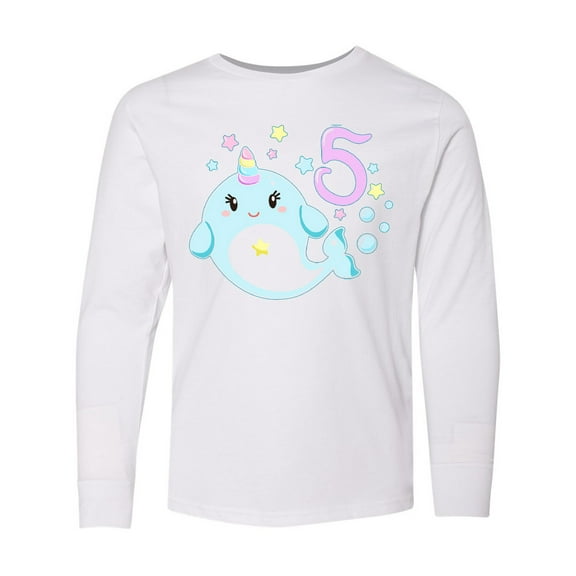 Inktastic Happy 5th Birthday with Cute Narwhal Stars and Bubbles Long Sleeve Youth T-Shirt