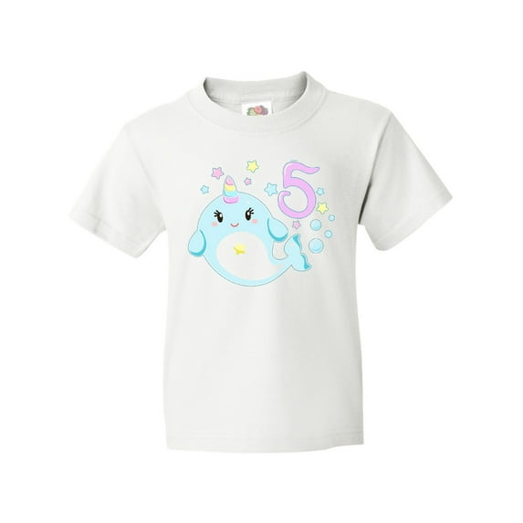 Inktastic Happy 5th Birthday with Cute Narwhal Stars and Bubbles Youth T-Shirt