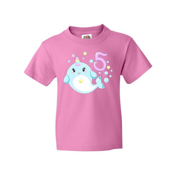 Inktastic Happy 5th Birthday with Cute Narwhal Stars and Bubbles Youth T-Shirt