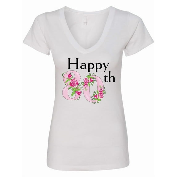 Inktastic Happy 80th Birthday with Roses Women's V-Neck T-Shirt