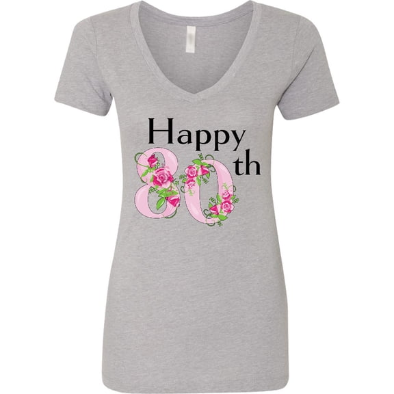 Inktastic Happy 80th Birthday with Roses Women's V-Neck T-Shirt
