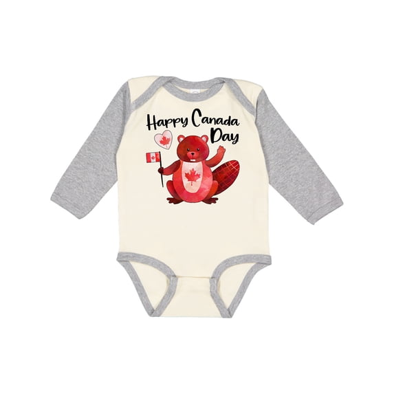 Inktastic Happy Canada Day Cute Red Beaver with Canadian Flag Boys or Girls Long Sleeve Baby Bodysuit