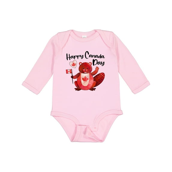 Inktastic Happy Canada Day Cute Red Beaver with Canadian Flag Boys or Girls Long Sleeve Baby Bodysuit