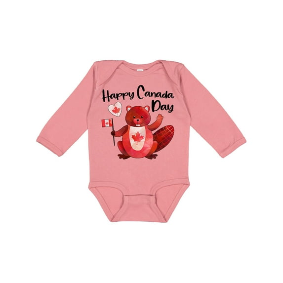 Inktastic Happy Canada Day Cute Red Beaver with Canadian Flag Boys or Girls Long Sleeve Baby Bodysuit