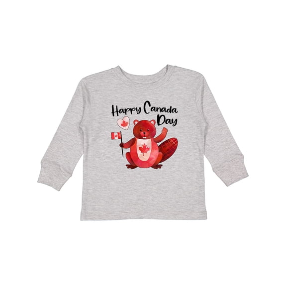 Inktastic Happy Canada Day Cute Red Beaver with Canadian Flag Boys or Girls Long Sleeve Toddler T-Shirt