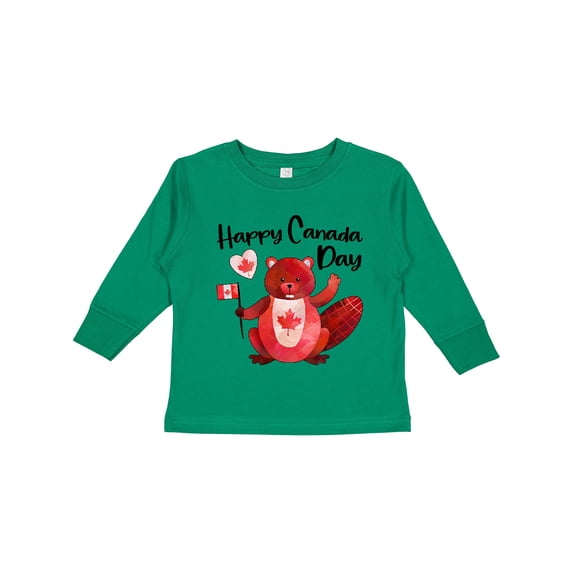 Inktastic Happy Canada Day Cute Red Beaver with Canadian Flag Boys or Girls Long Sleeve Toddler T-Shirt