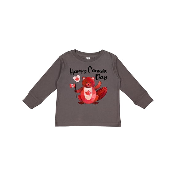 Inktastic Happy Canada Day Cute Red Beaver with Canadian Flag Boys or Girls Long Sleeve Toddler T-Shirt