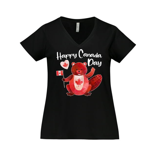 Inktastic Happy Canada Day Cute Red Beaver with Canadian Flag Women's Plus Size V-Neck T-Shirt
