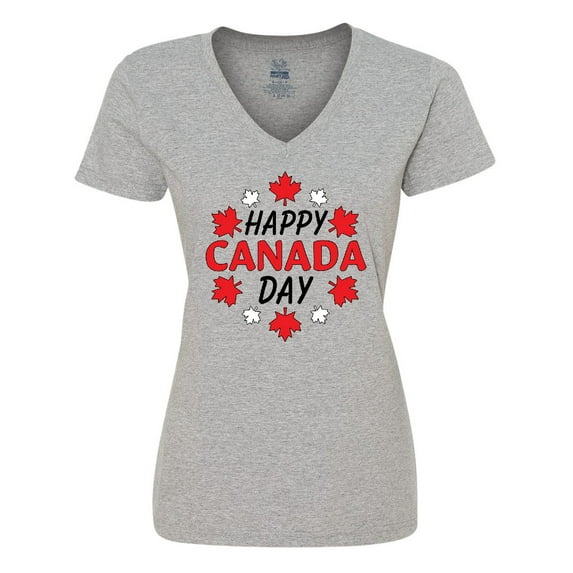 Inktastic Happy Canada Day- maple leaf circle Women's V-Neck T-Shirt