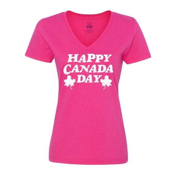 Inktastic Happy Canada Day with Distressed Maple Leaves Women's V-Neck T-Shirt