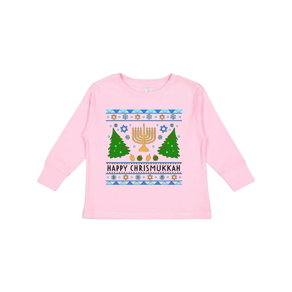 Inktastic Happy Chrismukkah Sweater Style with Menorah and Trees Boys or Girls Long Sleeve Toddler T-Shirt