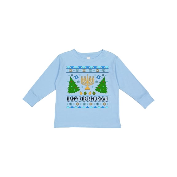 Inktastic Happy Chrismukkah Sweater Style with Menorah and Trees Boys or Girls Long Sleeve Toddler T-Shirt