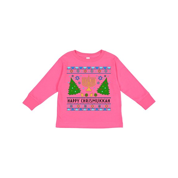 Inktastic Happy Chrismukkah Sweater Style with Menorah and Trees Boys or Girls Long Sleeve Toddler T-Shirt