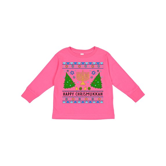 Inktastic Happy Chrismukkah Sweater Style with Menorah and Trees Boys or Girls Long Sleeve Toddler T-Shirt