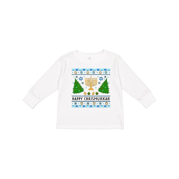Inktastic Happy Chrismukkah Sweater Style with Menorah and Trees Boys or Girls Long Sleeve Toddler T-Shirt