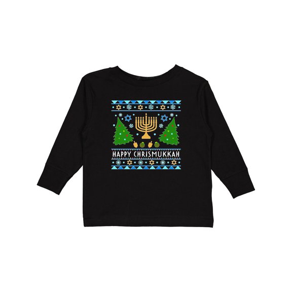 Inktastic Happy Chrismukkah Sweater Style with Menorah and Trees Boys or Girls Long Sleeve Toddler T-Shirt