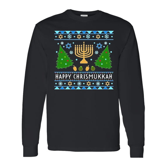 Inktastic Happy Chrismukkah Sweater Style with Menorah and Trees Long Sleeve T-Shirt