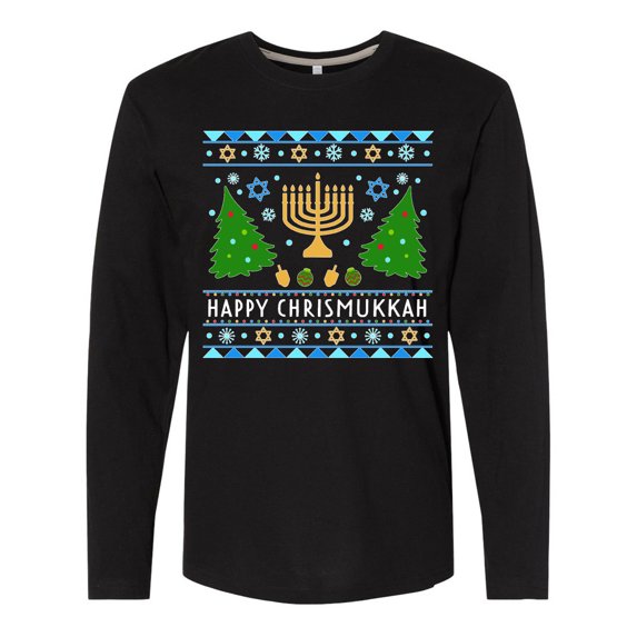 Inktastic Happy Chrismukkah Sweater Style with Menorah and Trees Long Sleeve T-Shirt