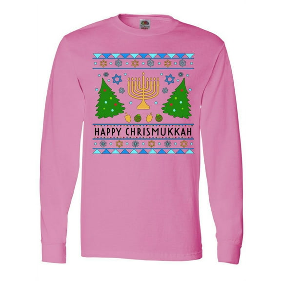 Inktastic Happy Chrismukkah Sweater Style with Menorah and Trees Long Sleeve T-Shirt