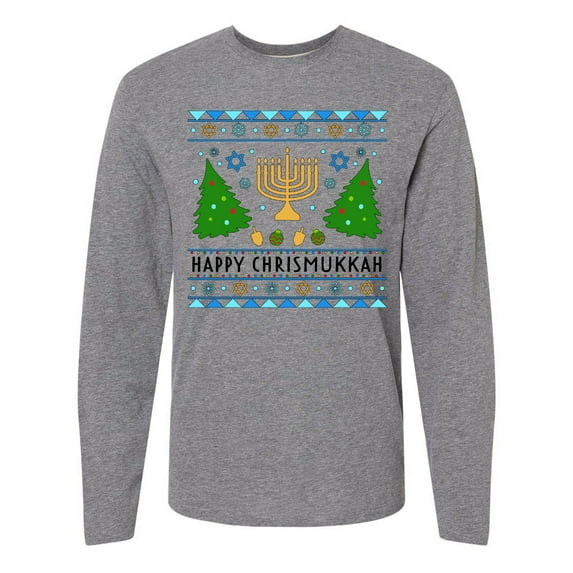 Inktastic Happy Chrismukkah Sweater Style with Menorah and Trees Long Sleeve T-Shirt