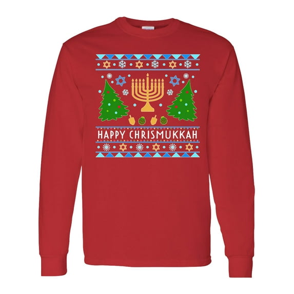 Inktastic Happy Chrismukkah Sweater Style with Menorah and Trees Long Sleeve T-Shirt