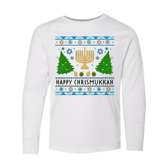 Inktastic Happy Chrismukkah Sweater Style with Menorah and Trees Long Sleeve Youth T-Shirt