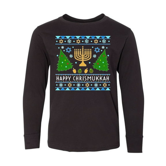Inktastic Happy Chrismukkah Sweater Style with Menorah and Trees Long Sleeve Youth T-Shirt