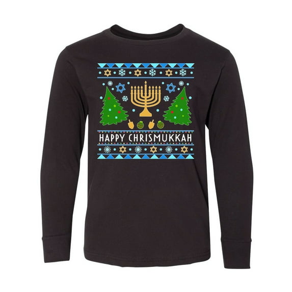 Inktastic Happy Chrismukkah Sweater Style with Menorah and Trees Long Sleeve Youth T-Shirt