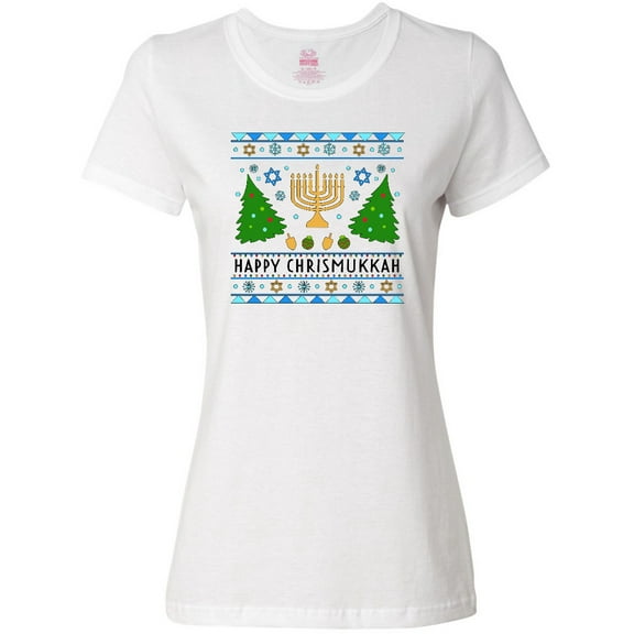 Inktastic Happy Chrismukkah Sweater Style with Menorah and Trees Women's T-Shirt