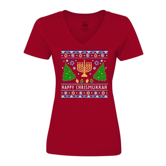 Inktastic Happy Chrismukkah Sweater Style with Menorah and Trees Women's V-Neck T-Shirt