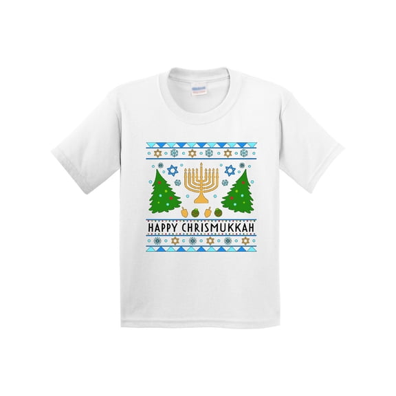 Inktastic Happy Chrismukkah Sweater Style with Menorah and Trees Youth T-Shirt