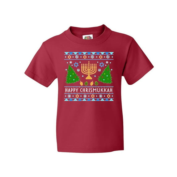 Inktastic Happy Chrismukkah Sweater Style with Menorah and Trees Youth T-Shirt