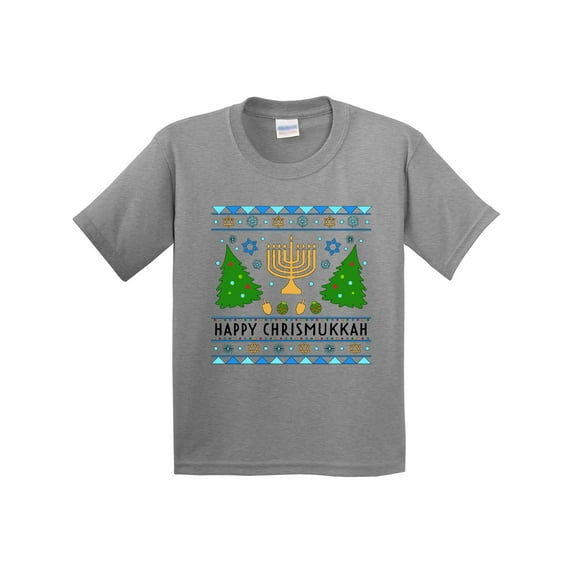 Inktastic Happy Chrismukkah Sweater Style with Menorah and Trees Youth T-Shirt