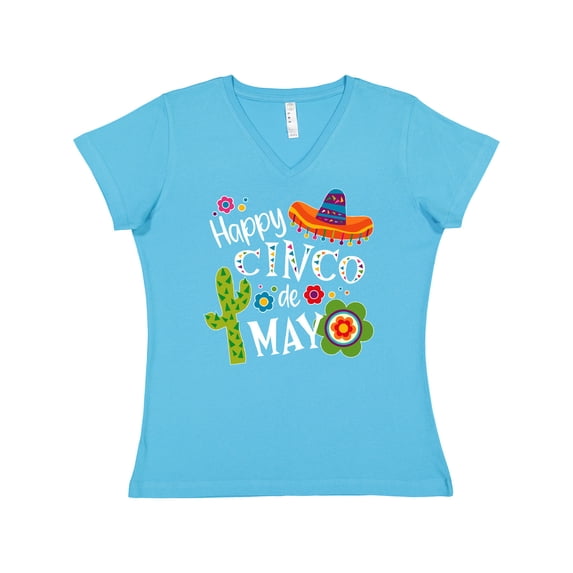 Inktastic Happy Cinco De Mayo- Sombrero, Cactus, Flowers Women's V-Neck T-Shirt